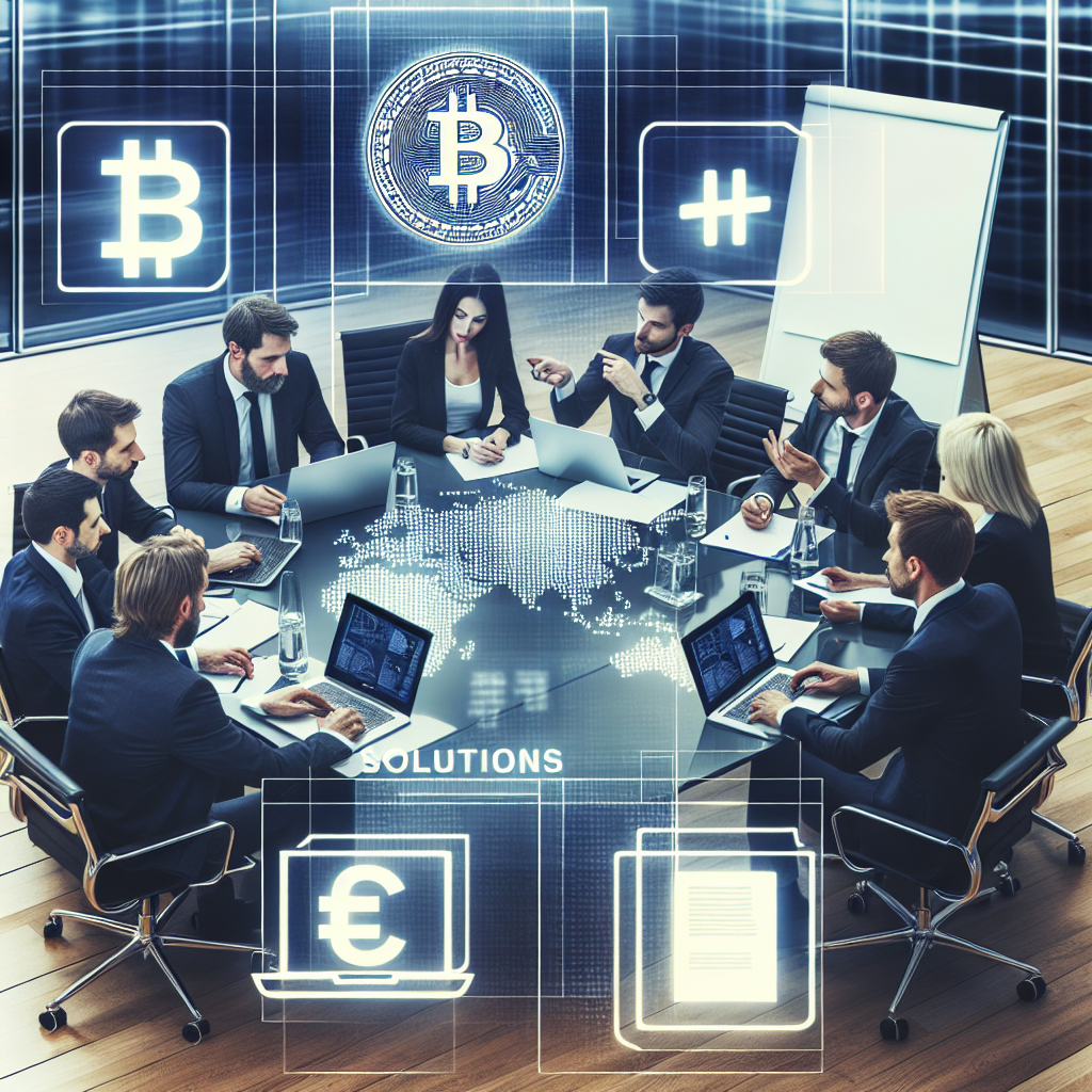 Imagine cu o grupa de experti europeni care discuta solutii in domeniul criptomonedelor, asezati la o masa intr-un birou modern, cu laptopuri si documente pe masa.