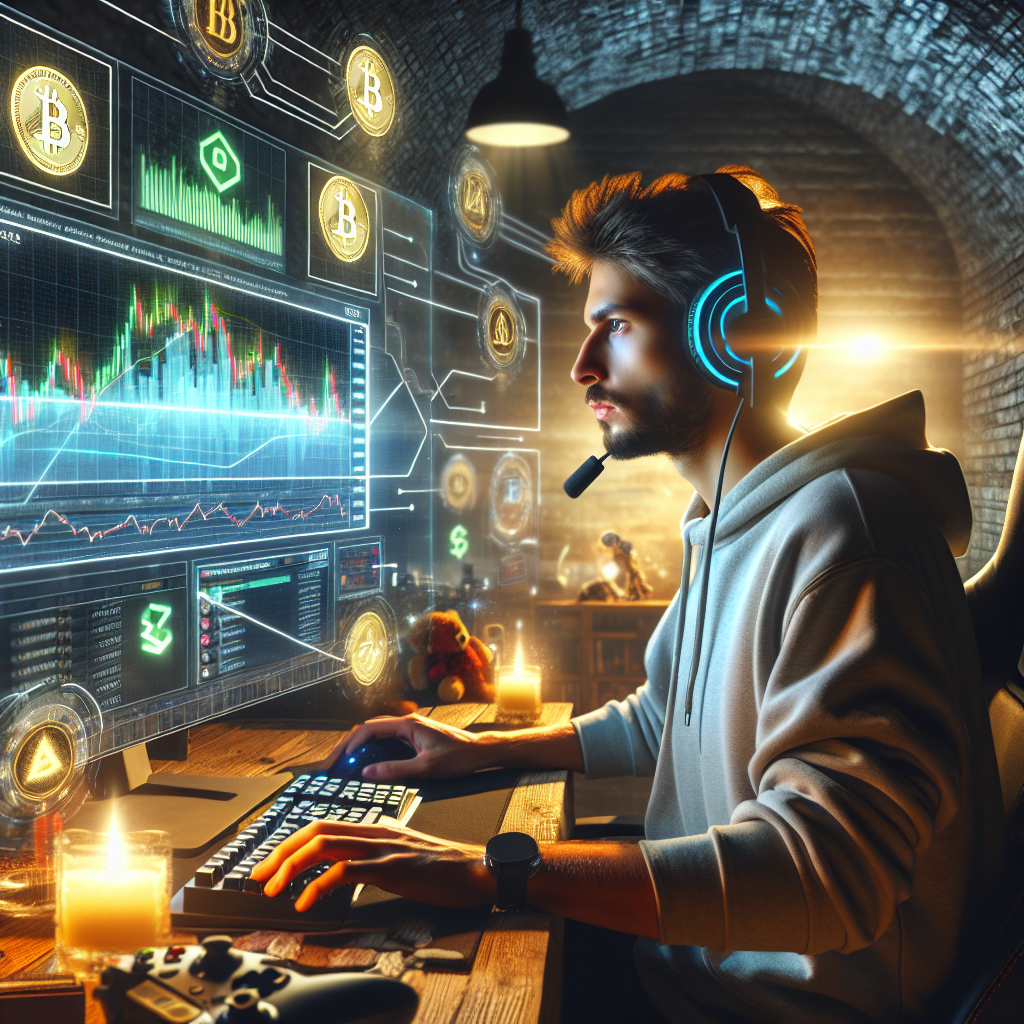 Imagine care arata un business de succes, investind in jocuri bazate pe NFT si blockchain, cu un gamer care joaca pe computer si vizualizeaza activele sale digitale. Toate fețele au un aspect european, imaginea ar trebui sa semene cu o fotografie reala.