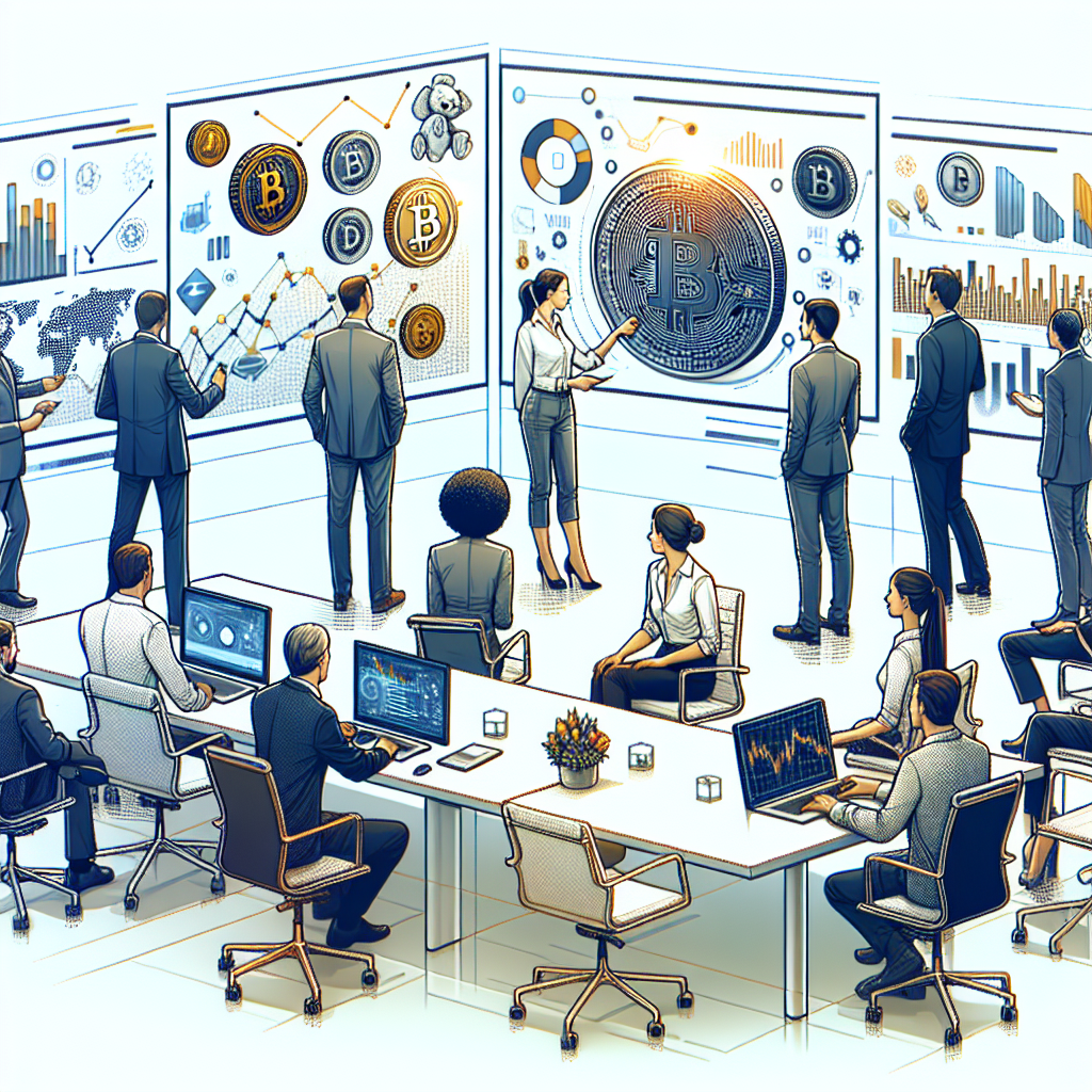 Imagine cu o grupa de oameni de afaceri europeni care discuta lansarea unei afaceri de consultanta in criptomonede intr-un birou modern, cu un ecran de computer si grafice pe pereti.