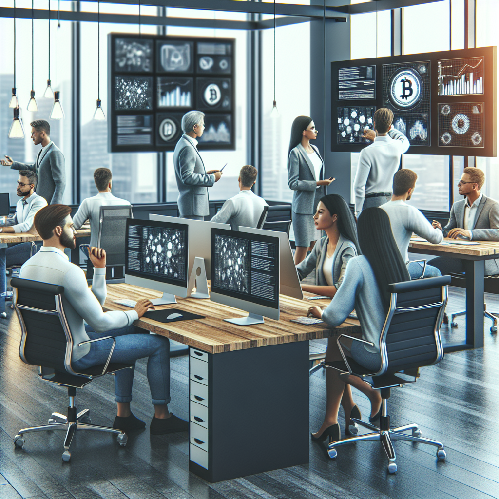 Imagine cu oameni de tip european, lucrand la calculatoare intr-un birou contemporan, discutand solutii financiare care implica utilizarea blockchain-ului.