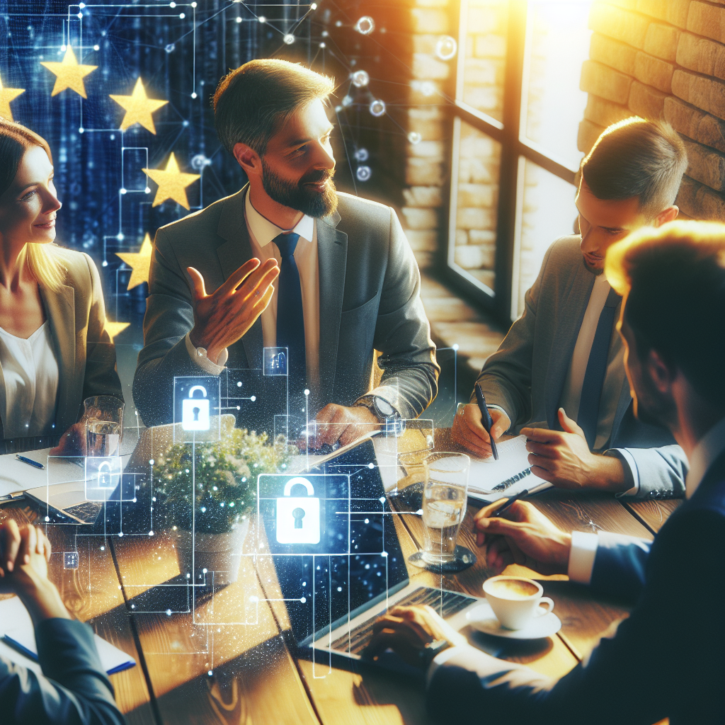 Imagine cu un grup de europeni discutand sarcini de afaceri, cu elemente de tehnologie blockchain in fundal. Scena arata naturala si prietenoasa.