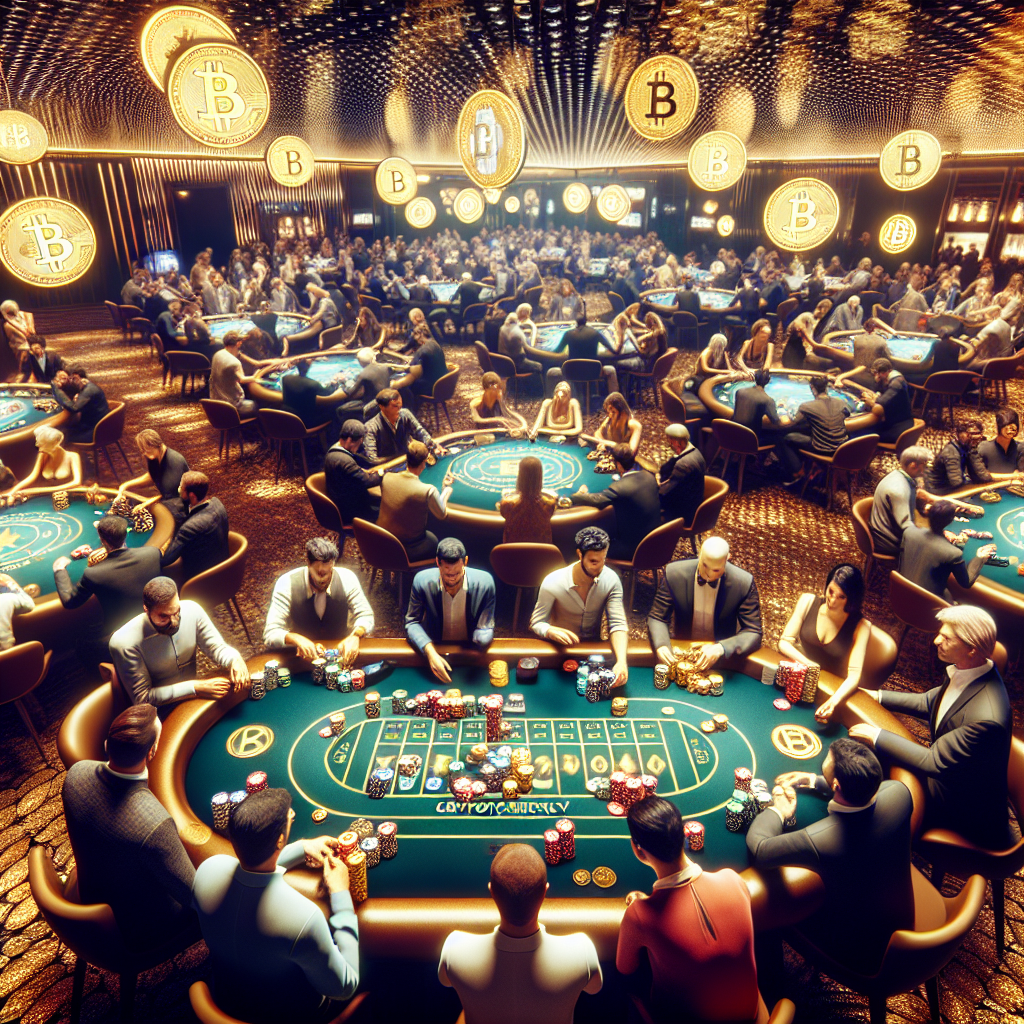 Imagine cu un casino modern in care oameni de tip european joaca jocuri de noroc folosind criptomonede, aratand ca o fotografie.