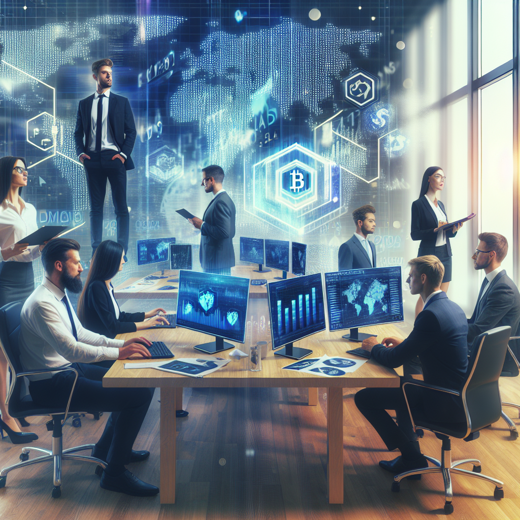 Imagine cu un grup de europeni lucrand la un proiect blockchain, cu grafice si <a href=
