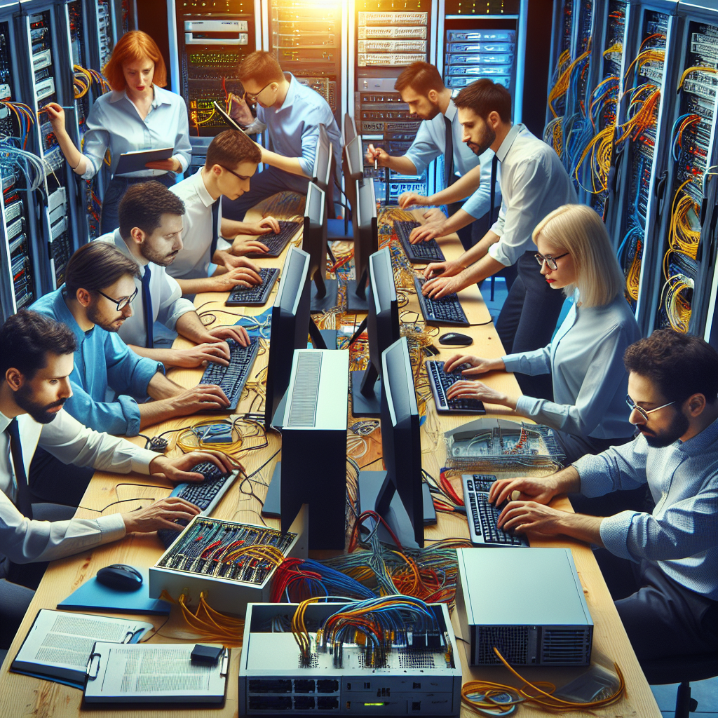 Группа IT-специалистов за работой с компьютерами и сетевым оборудованием, все люди европейского типа.