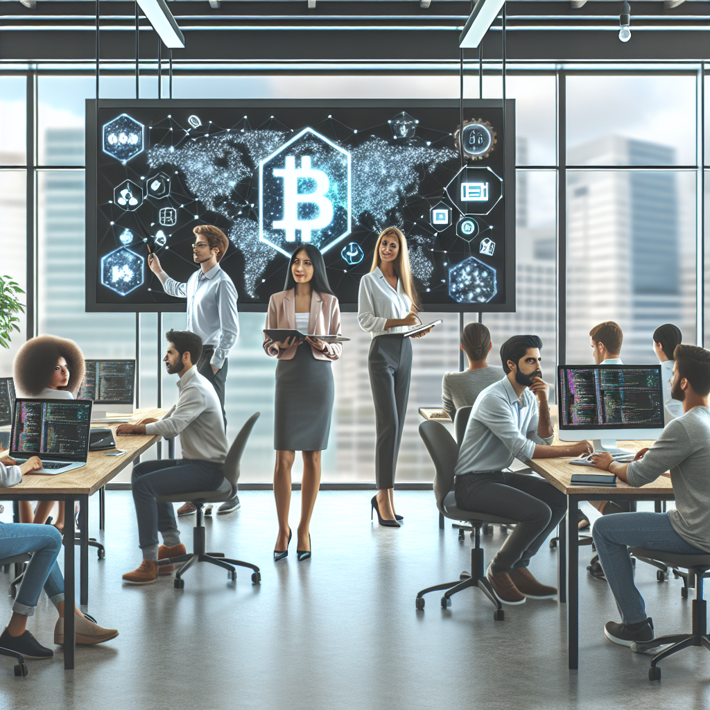 Imagine a unui spatiu de birou al unei companii IT, unde profesionistii lucreaza la proiecte in domeniul blockchain-ului, folosind <a href=