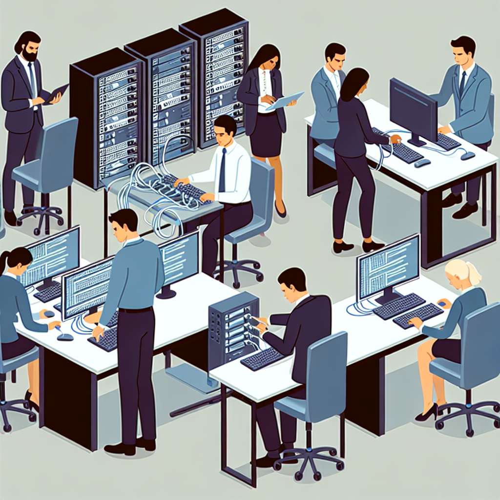 Офис IT-специалистов за работой, выполняющих настройки сетевого оборудования, все люди европейского типа.