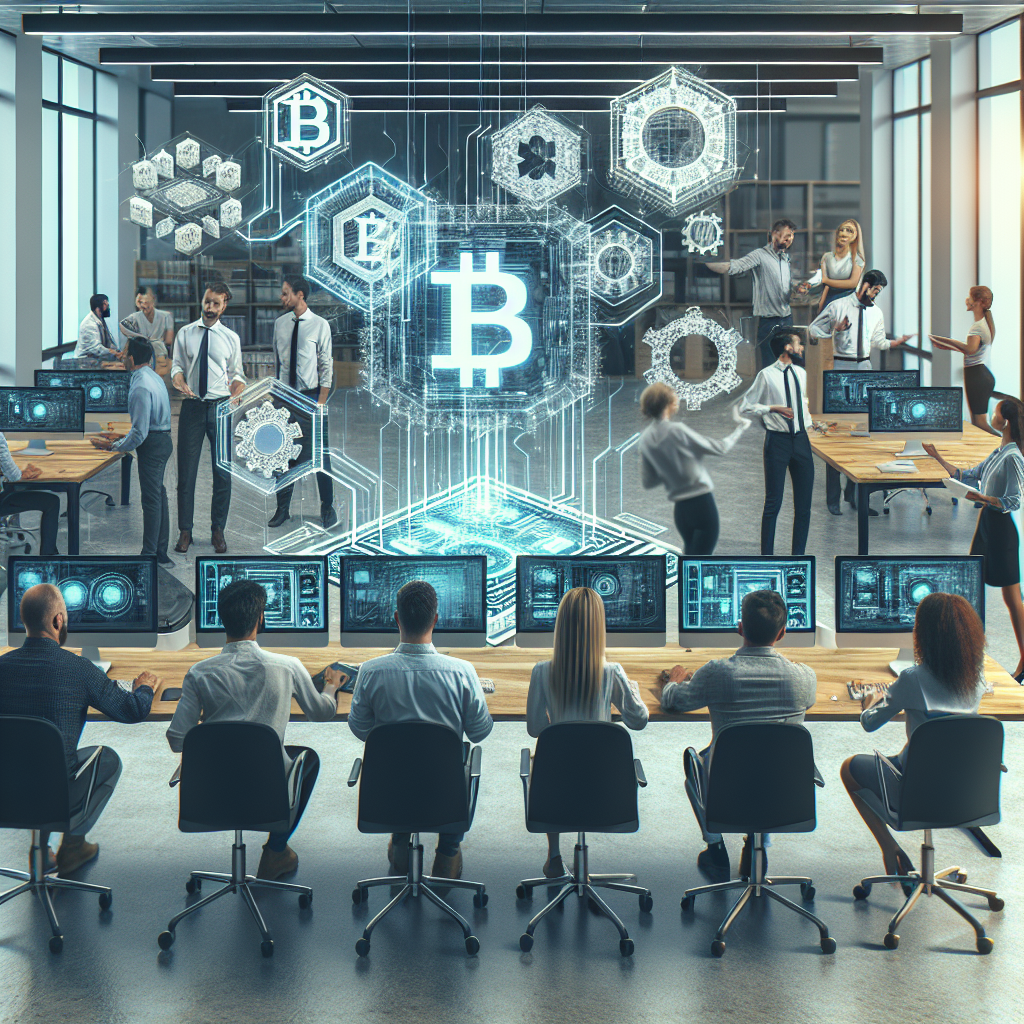 Imagine cu europeni lucrand la o noua aplicatie blockchain intr-un birou modern, inconjurati de tehnologie si computere, cu o atmosfera de prietenie si colaborare.