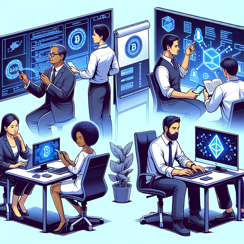 Imagine blocchain tehnologii cu oameni lucrand la proiecte, realizata intr-un stil realist, toate persoanele de tip european.