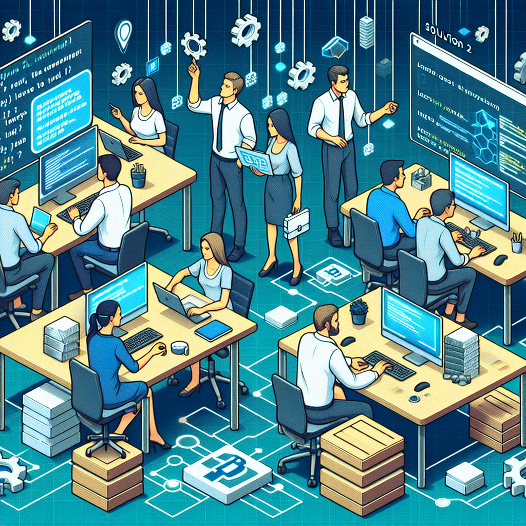 Imagine care ilustreaza o solutie de nivel 2 in tehnologia blockchain, cu oameni lucrand la proiecte, realizata intr-un stil realist, toate persoanele de tip european.