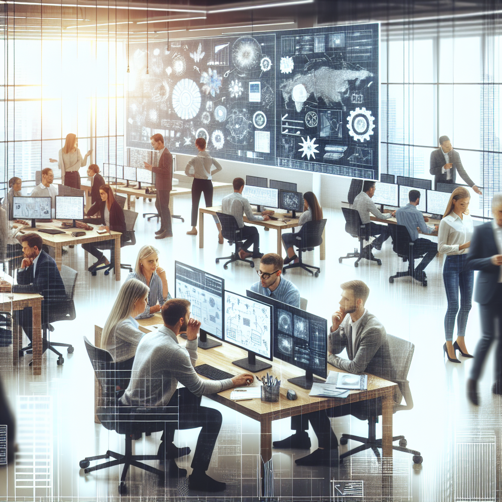 Imagine cu un birou modern al unei companii IT, cu echipe lucrand la proiecte, formate din persoane de tip european, ocupate la calculatoare si discutand idei.