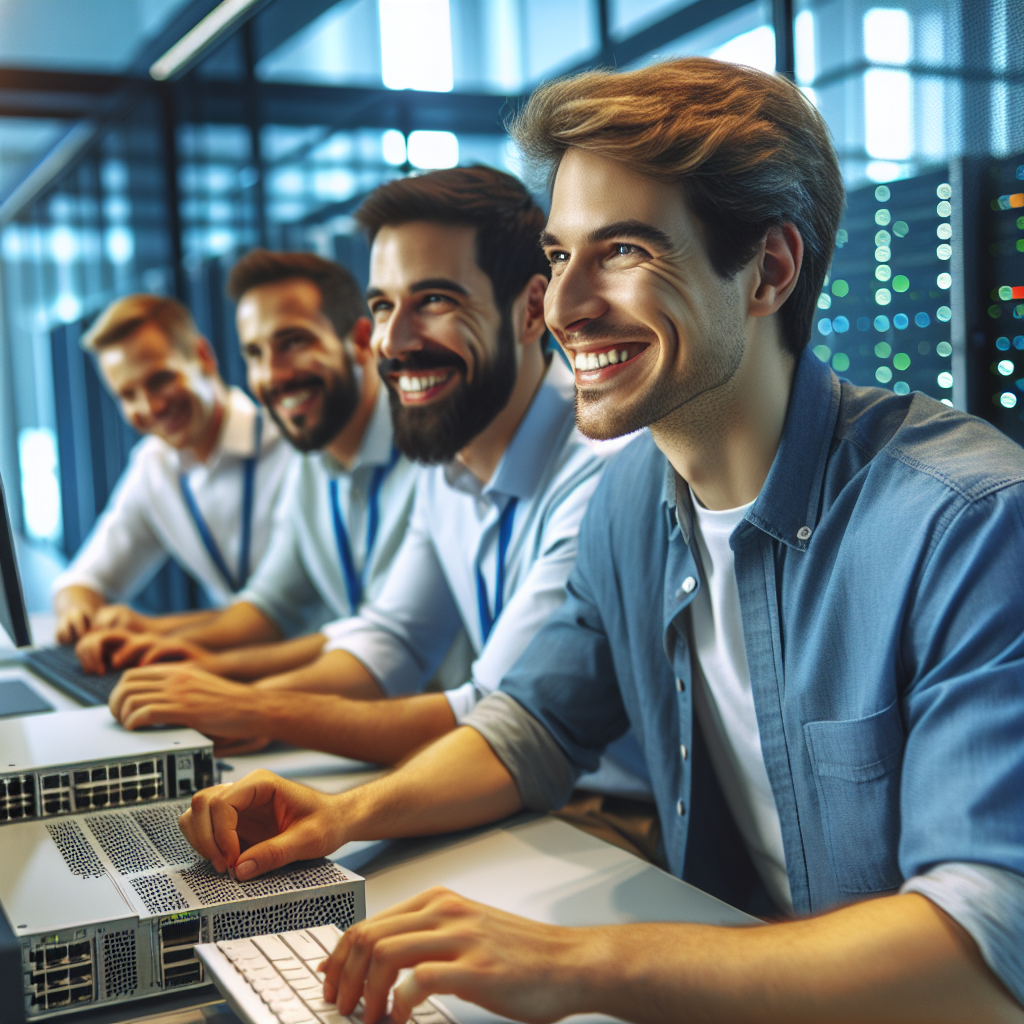 Улыбающиеся европейские специалисты IT, работающие с высоким технологическим оборудованием и обсуждающие разработку сервера netconf в современном офисе.