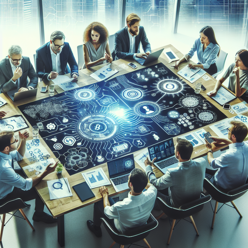 Imagine cu angajați ai unei firme IT care discută despre utilizarea tehnologiilor avansate în domeniul financiar, incluzând elemente de blockchain și tehnologii zk. Persoanele din imagine au un aspect european.
