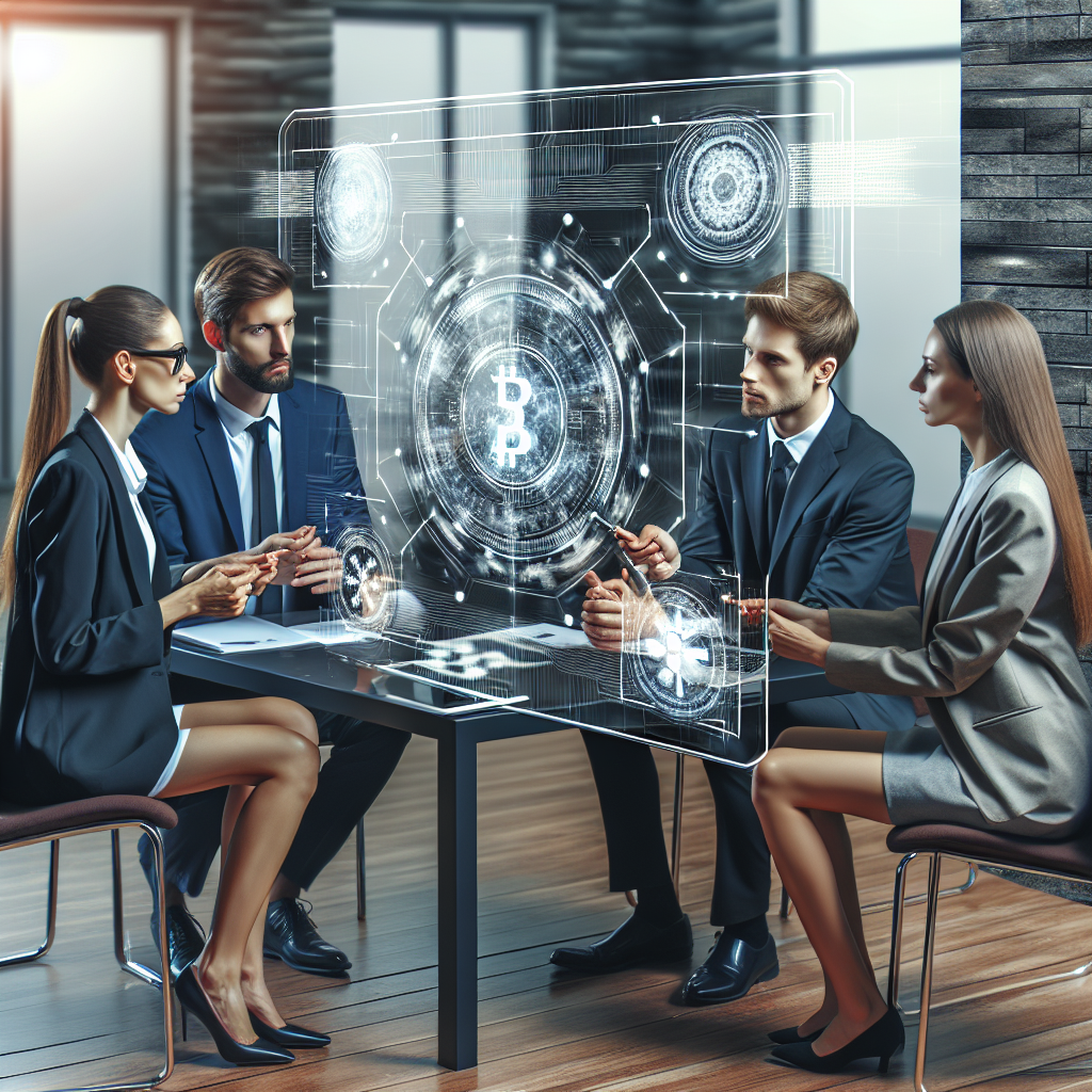Grup de oameni de afaceri europeni discutand despre tehnologia smart contractelor intr-un birou modern.