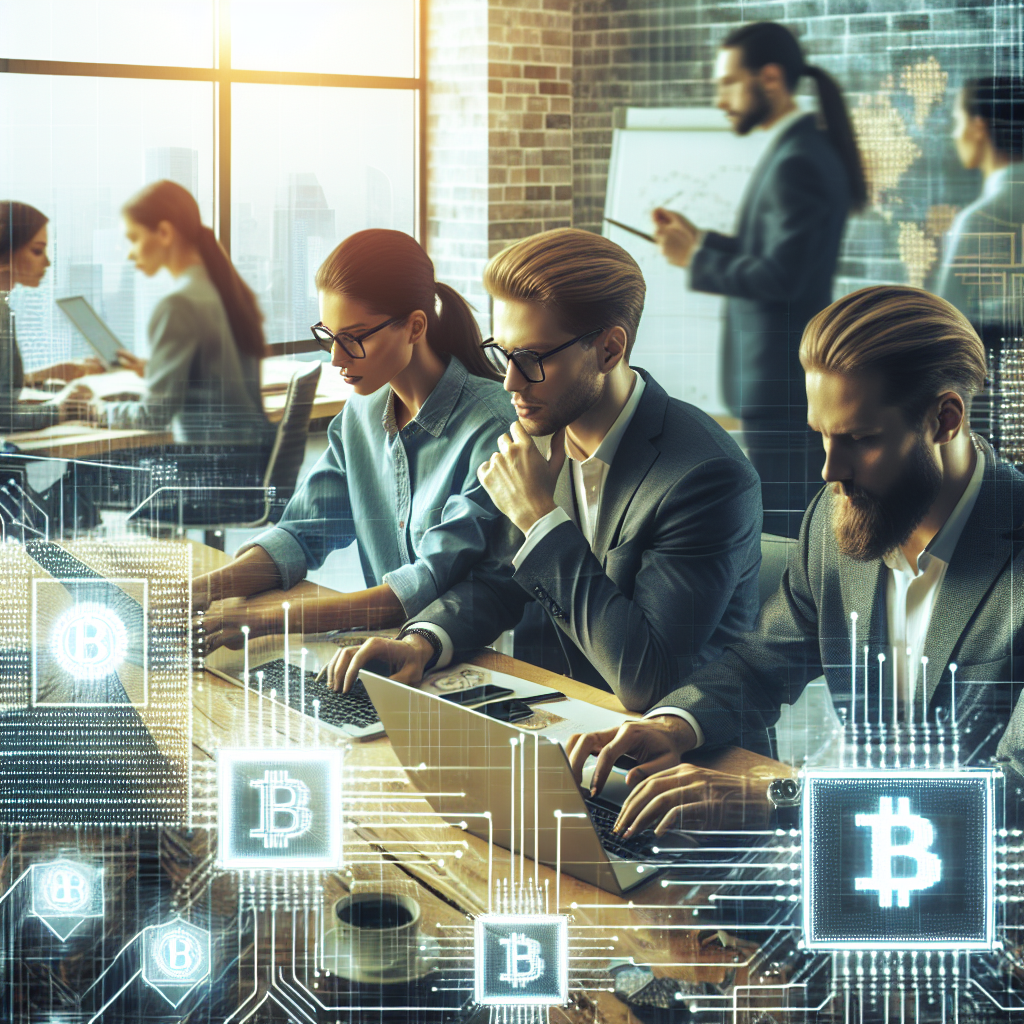 O fotografie cu persoane care lucreaza la computere intr-un birou european, concentrandu-se pe discutarea solutiilor de scalare in blockchain.