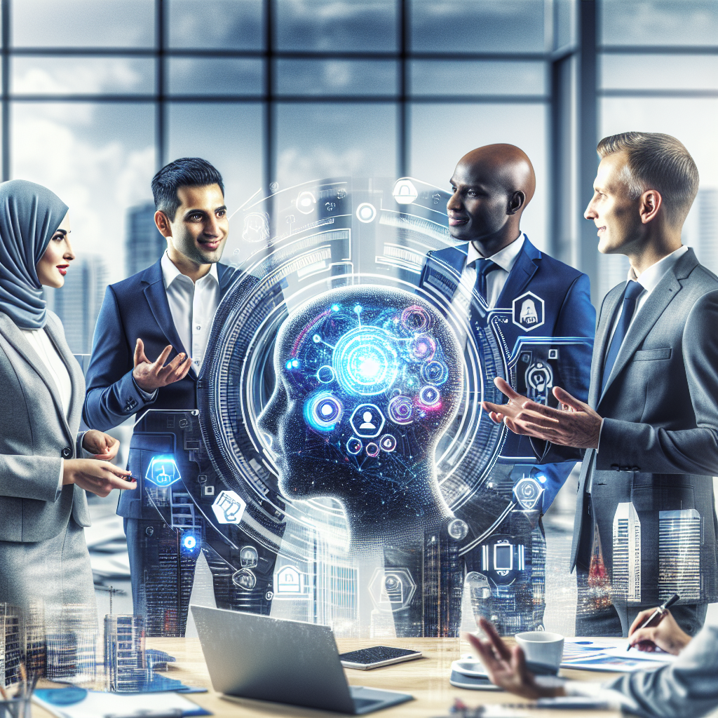 Imagine cu oameni de afaceri discutand despre posibilitatile de implementare a inteligentei artificiale in gestionarea riscului de credit, intr-un birou modern cu <a href=