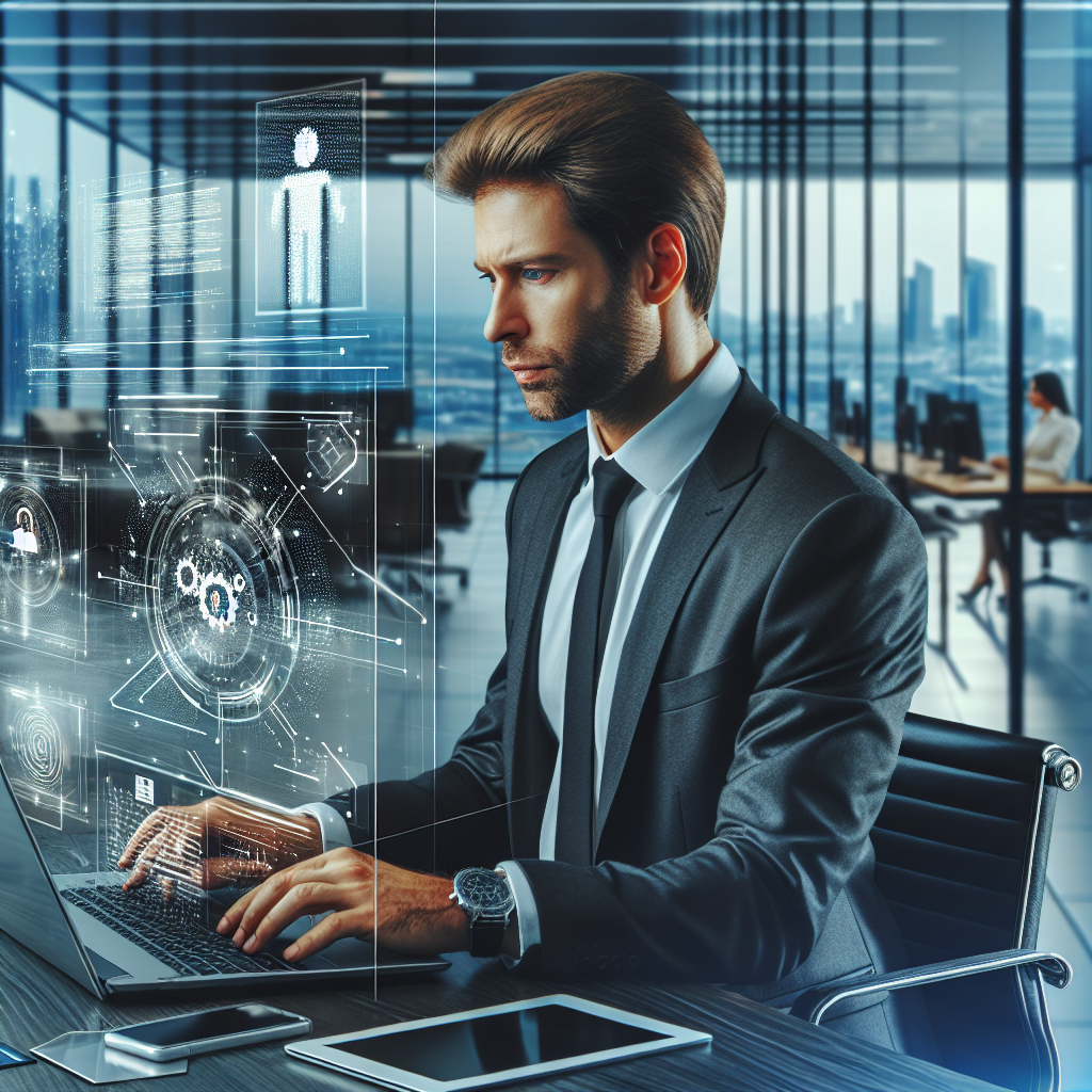Imagineaza un om de afaceri care foloseste tehnologia blockchain pentru a gestiona identitatea, lucrand la un laptop intr-un birou modern. Persoanele ar trebui sa aiba un aspect european.