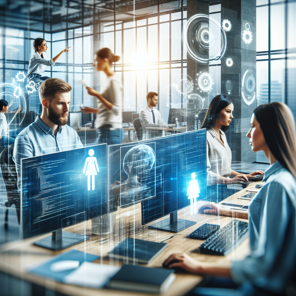 Современный офис IT-компании с людьми, работающими за компьютерами. Атмосфера динамичная и инновационная, все сотрудники выглядят европейского типа.