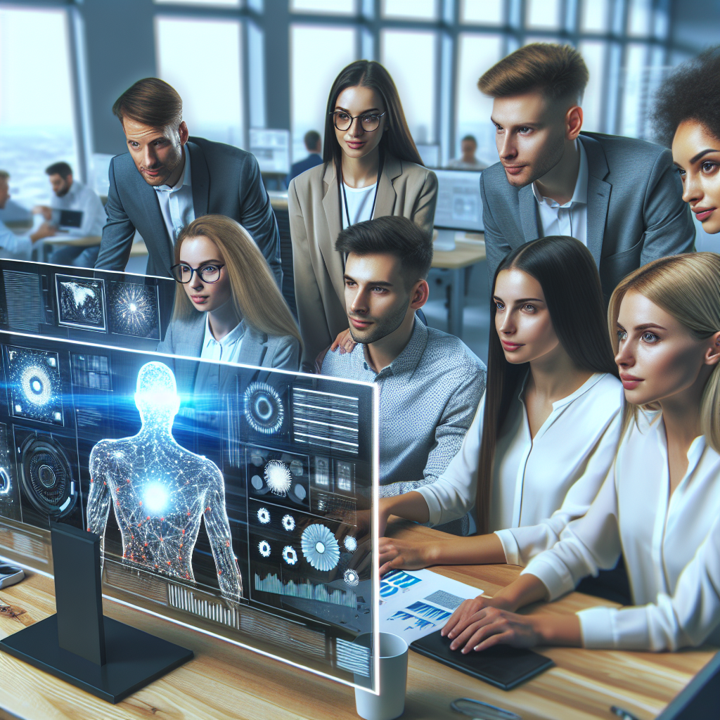 Imagine cu un grup de persoane care lucreaza la proiecte legate de implementarea inteligentei artificiale in afaceri, intr-un birou dotat cu <a href=