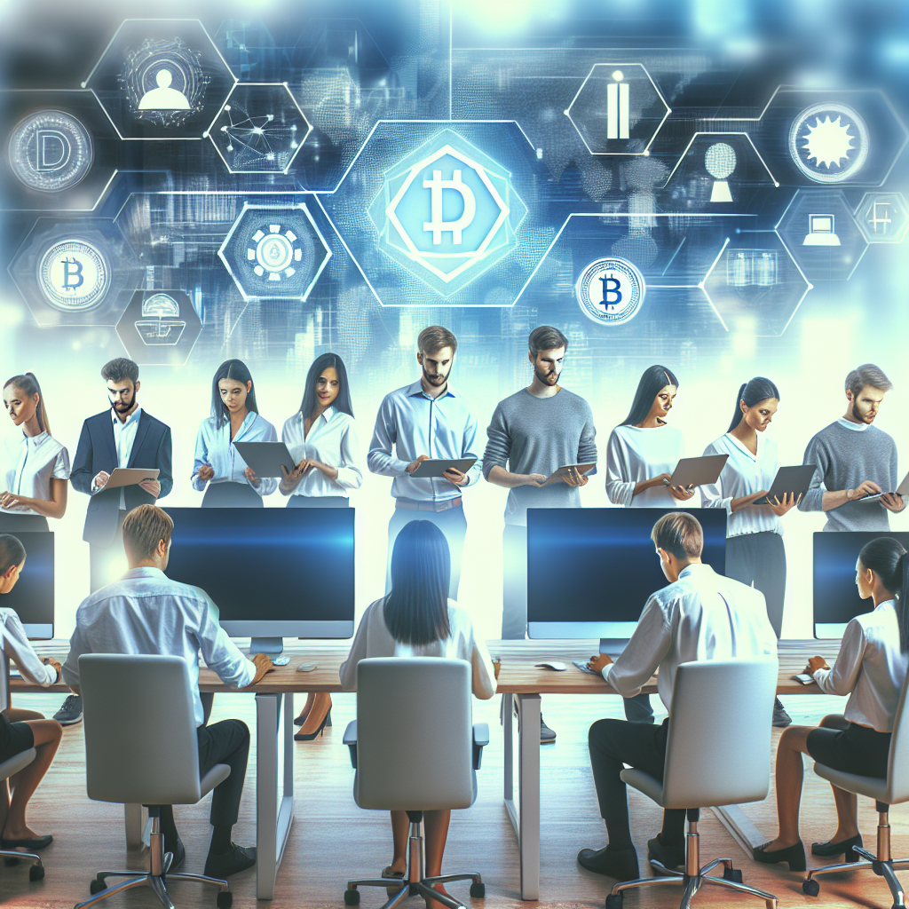 Imagine moderna de birou cu oameni europeni care lucreaza la computere, implicati in dezvoltarea aplicatiilor DeFi, intr-un fundal vibrant si inspirator care evidentiaza progresele in tehnologia financiara.