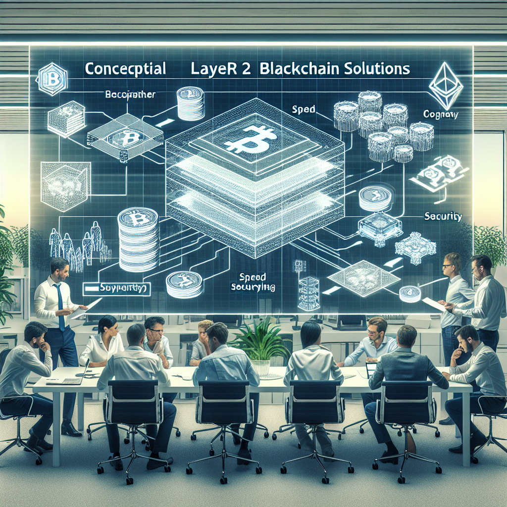 Imagine care reprezinta solutii de nivel 2 pentru blockchain sub forma unei scheme, care ilustreaza viteza si siguranta. Toate persoanele au tip european. Fundal - birou modern.
