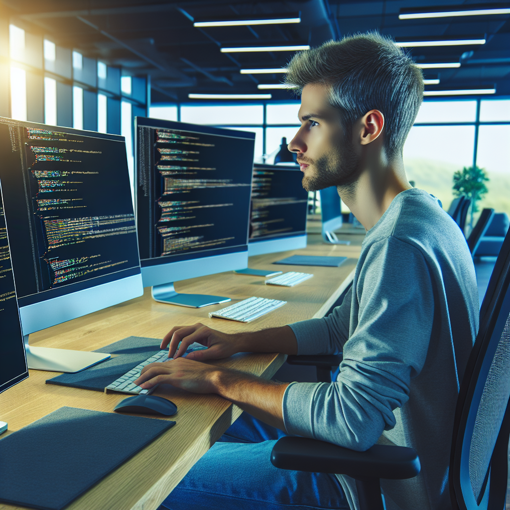 Imagine cu un programator la birou, lucrand la codul unui smart contract, intr-un birou modern. Persoanele din imagine au trasaturi europene.