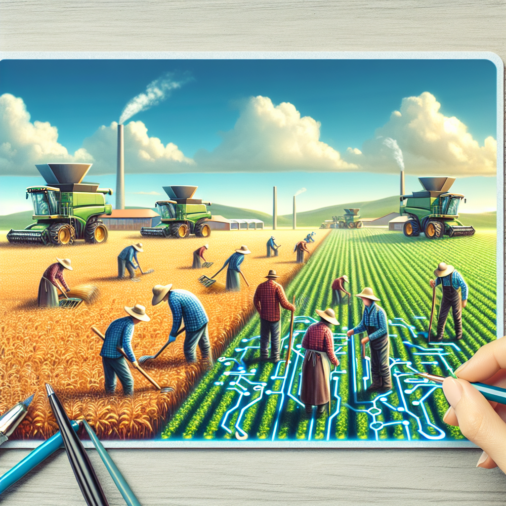 Imagine cu un camp agricol modern, unde oameni de tip european recolteaza si utilizeaza tehnologii DeFi pentru a gestiona procesul de recoltare. Imaginea arata ca o fotografie reala.