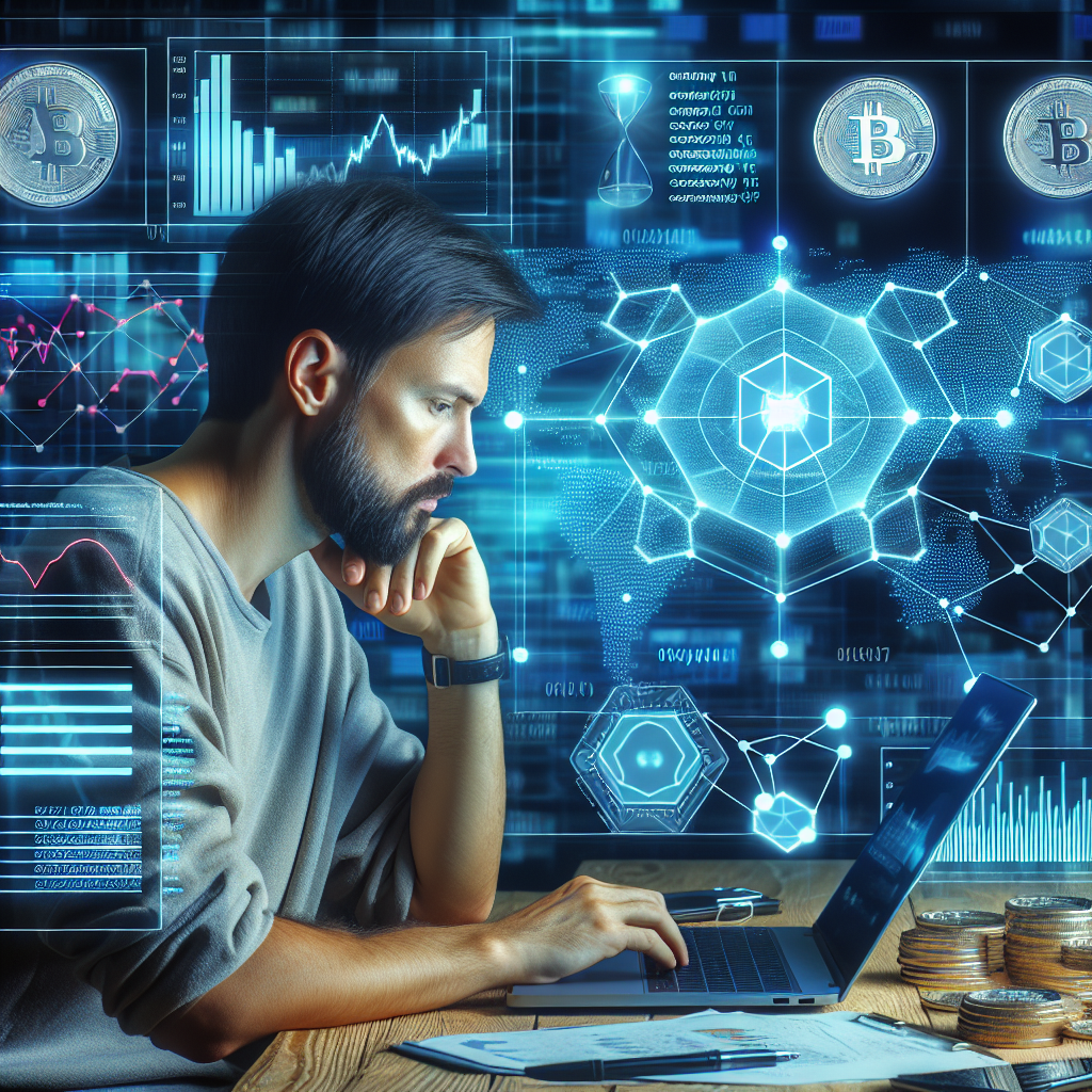 Imagine cu o persoana de origine europeana lucrand la codul unui smart contract NFT pe un laptop, inconjurata de active digitale si grafice.