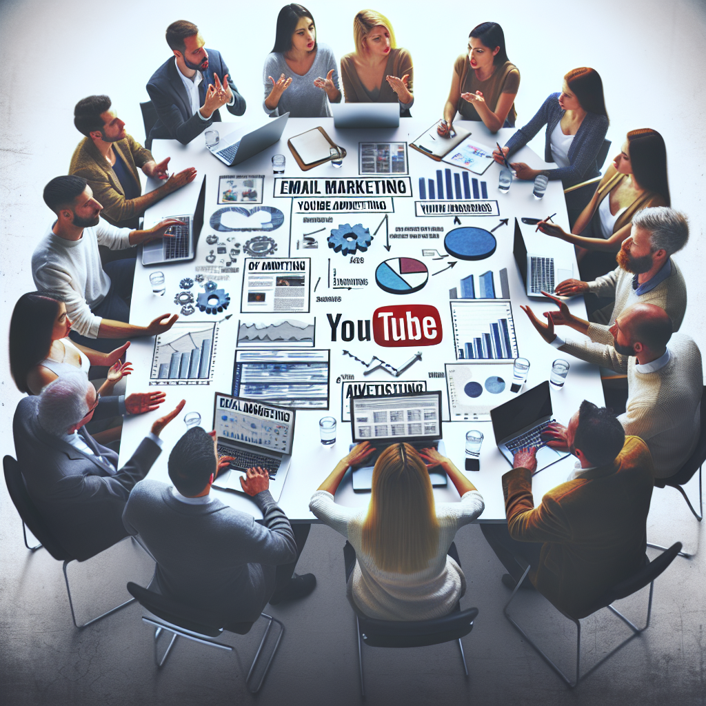 Grupa de europeni discuta despre email marketing si publicitate pe YouTube, cu laptopuri si grafice, pentru a arata ca o fotografie.