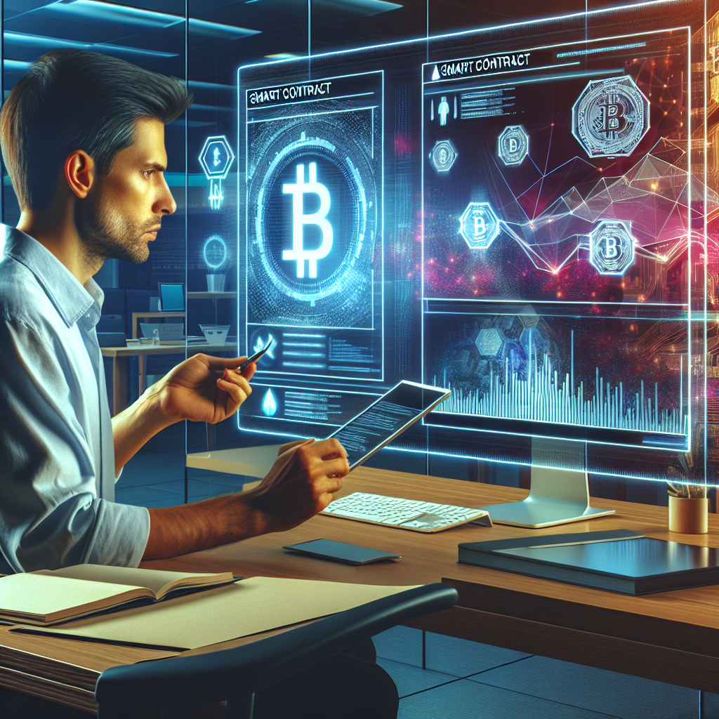 Imagine cu o persoana care studiaza un smart contract pe ecranul computerului intr-un birou modern, cu elemente de fundal legate de criptomonede. Persoanele din imagine au aspect european.