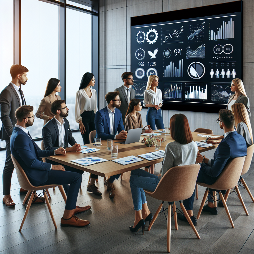 Angajatii unei agentii de marketing discutand strategii de pret in sala de conferinte, toata lumea de tip european, intr-un stil modern si profesional.