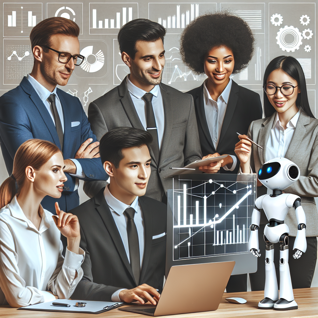 Imagine care ilustreaza o echipa de manageri europeni de succes, care colaboreaza cu inteligenta artificiala pentru a imbunatati procesele de afaceri.