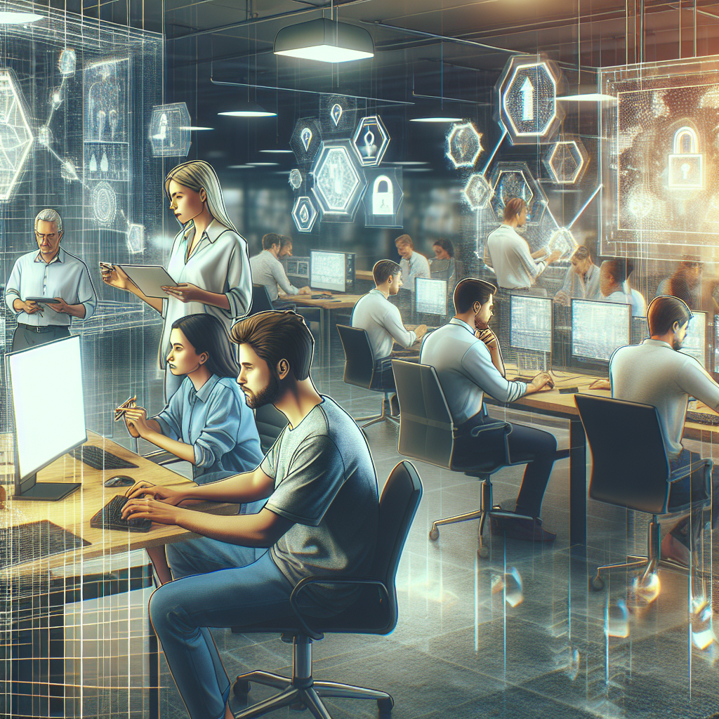Imagine care ilustreaza procesul de dezvoltare a unui blockchain DeFi, cu oameni europeni lucrand la proiecte intr-un birou modern, inconjurati de computere si diagrame, avand un aspect de fotografie.