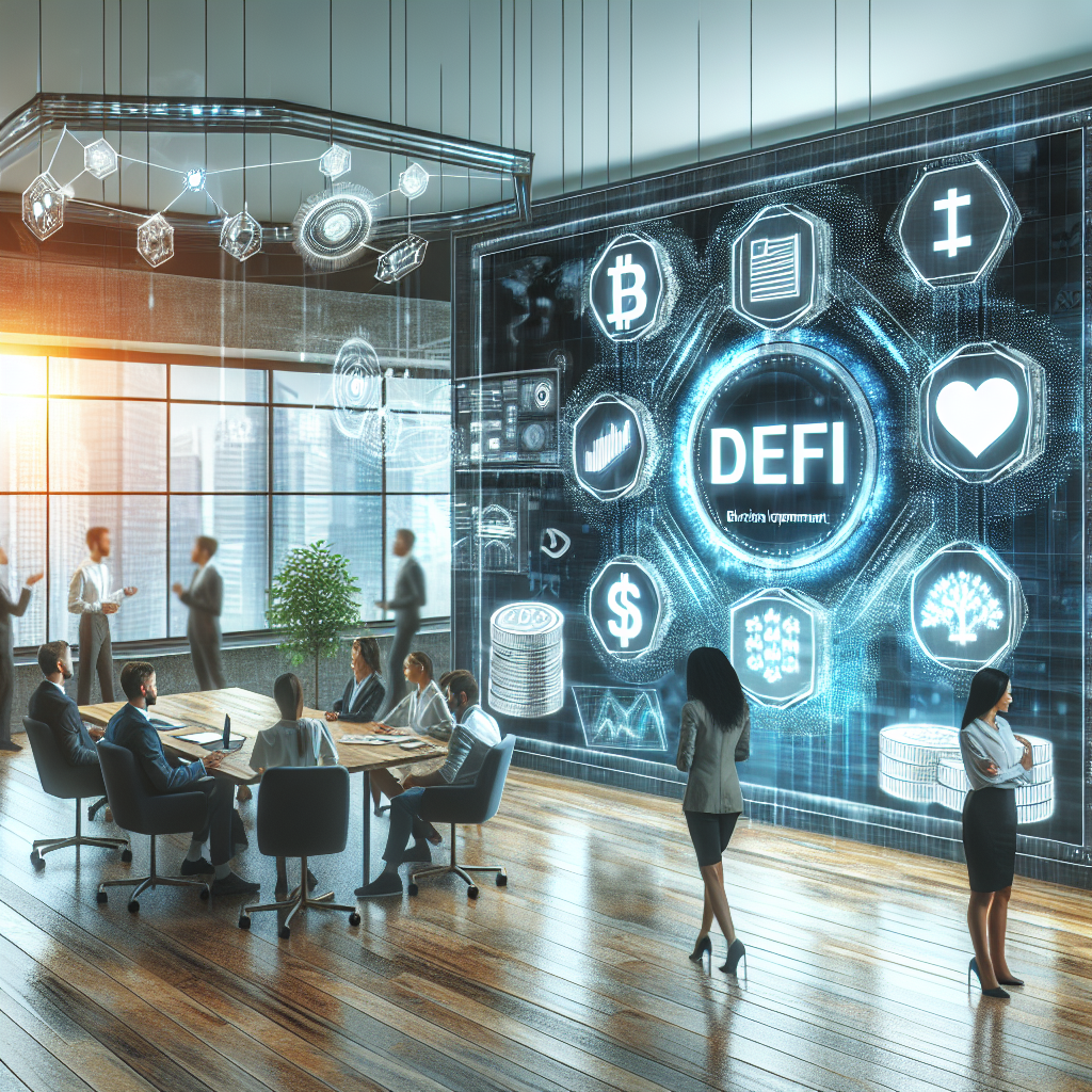 Imagine care vizualizeaza avantajele dezvoltarii blockchain-ului DeFi, cu oameni europeni in mediu de afaceri, discutand despre un proiect, cu grafice si diagrame afisate pe ecran.