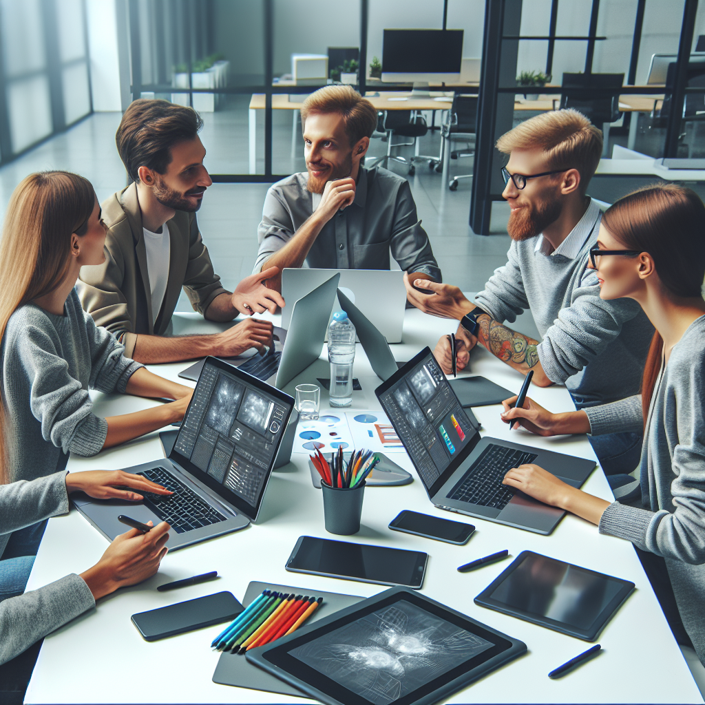 Grupa de oameni de tip european discuta despre dezvoltarea unui joc video intr-un birou modern, alaturi de laptopuri si tablete cu tablete grafice.