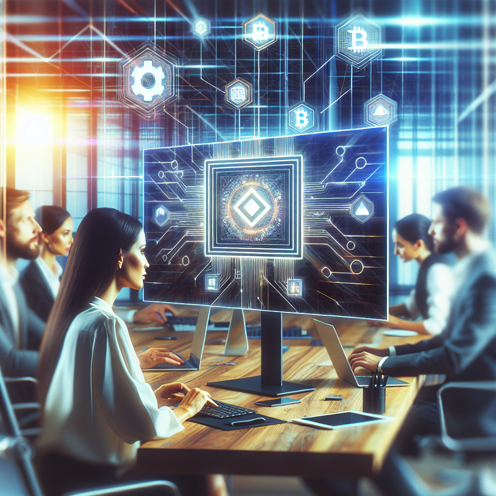 Imaginea reprezinta o frumoasa platforma financiara moderna, cu un interfata DeFi afisata pe un ecran de computer, in fundal fiind un birou tehnologic avansat, populat cu oameni motivati de origine europeana.