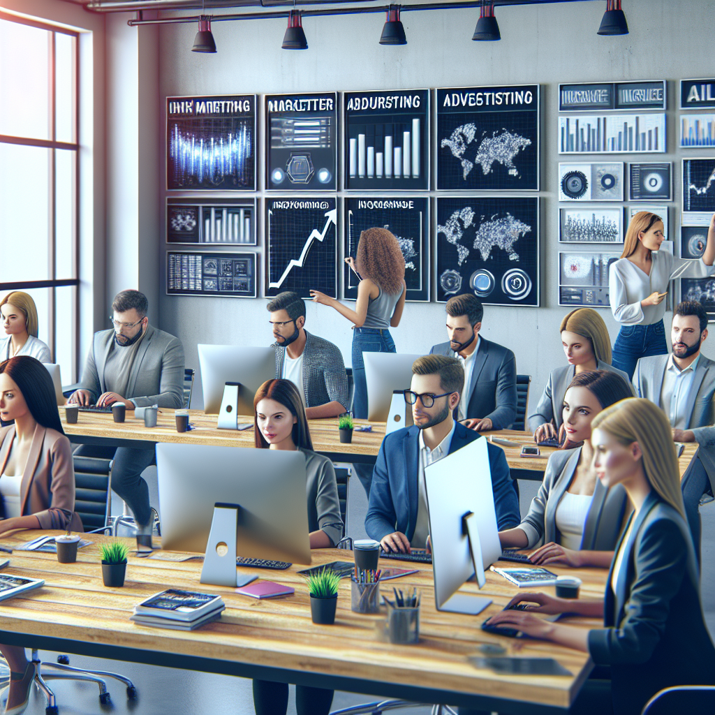 Imaginea arata un grup de specialisti in marketing care colaboreaza cu instrumente de AI. Pe peretii biroului se pot vedea grafice si diagrame referitoare la imbunatatirea eficacitatii campaniilor publicitare. Toate persoanele sunt de tip european.