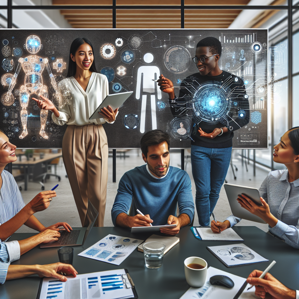 Imagine cu oameni care lucreaza cu inteligenta artificiala intr-un birou modern. Toate persoanele au o aspect european si sunt ocupate discutand despre noi tehnologii si colaborand in echipa.