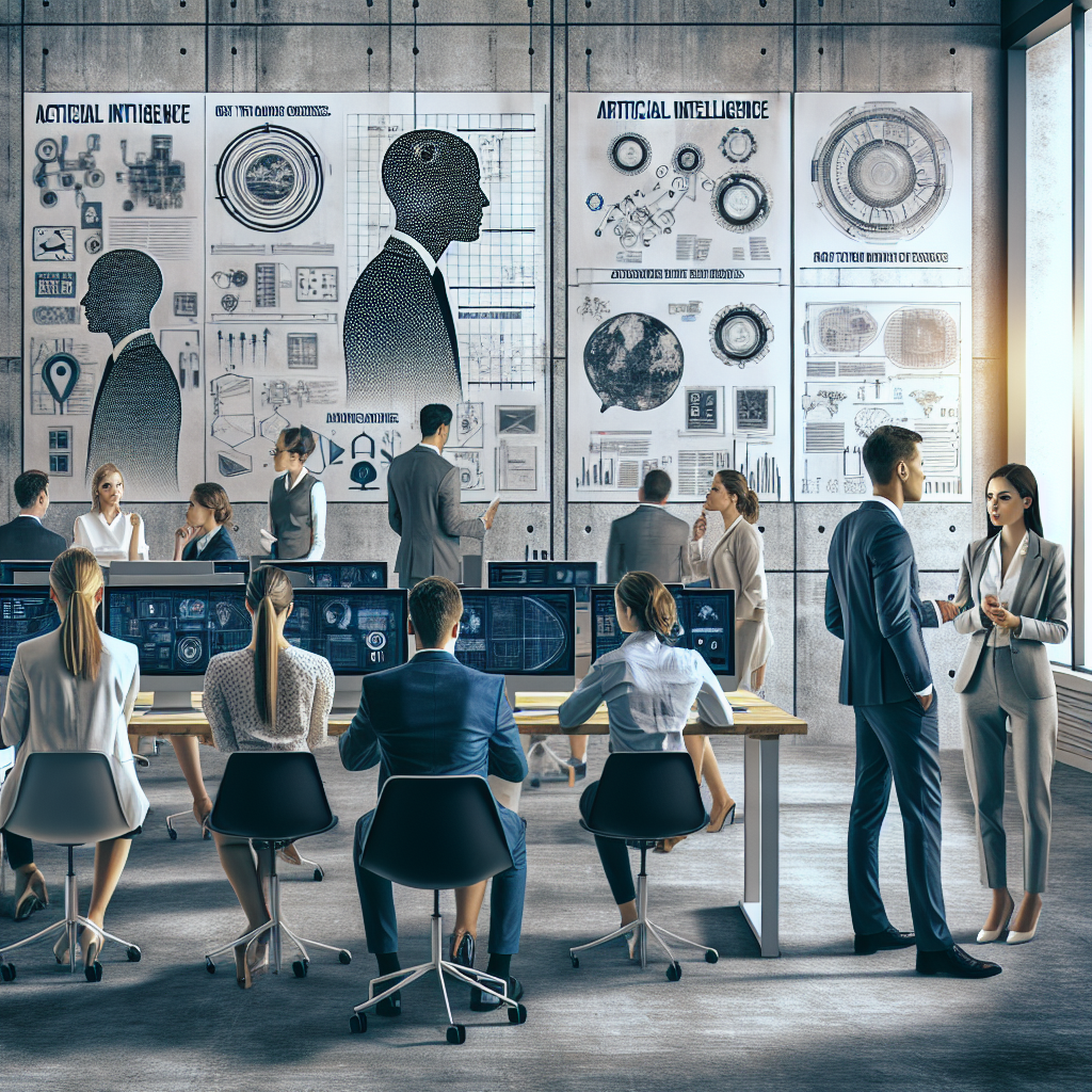Fotografie cu oameni de tip european discutand despre utilizarea AI in marketing intr-un birou modern cu computere si postere despre tehnologii noi.