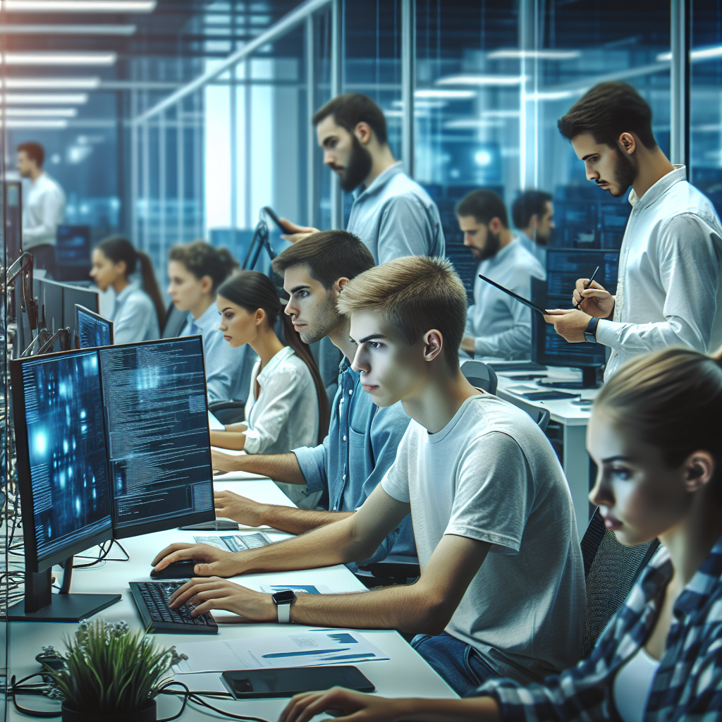 Современный офис IT-компании, в котором европейские молодые специалисты работают с ИИ-технологиями, компьютерами и проектами, сосредоточенные на своих задачах.