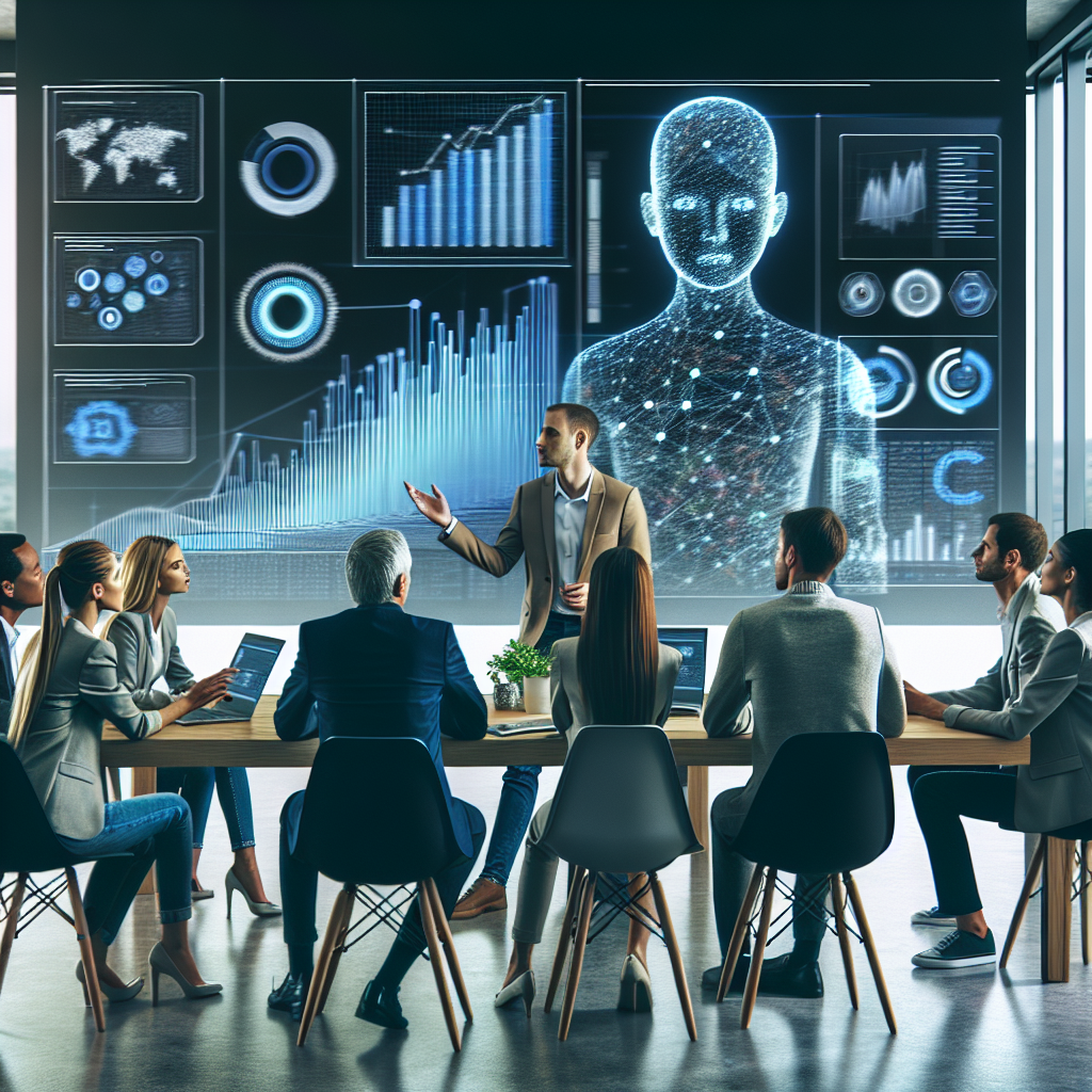 Fotografie cu un grup de oameni de tip european discutand despre utilizarea AI in marketingul digital intr-un birou modern cu ecrane si grafice de crestere.