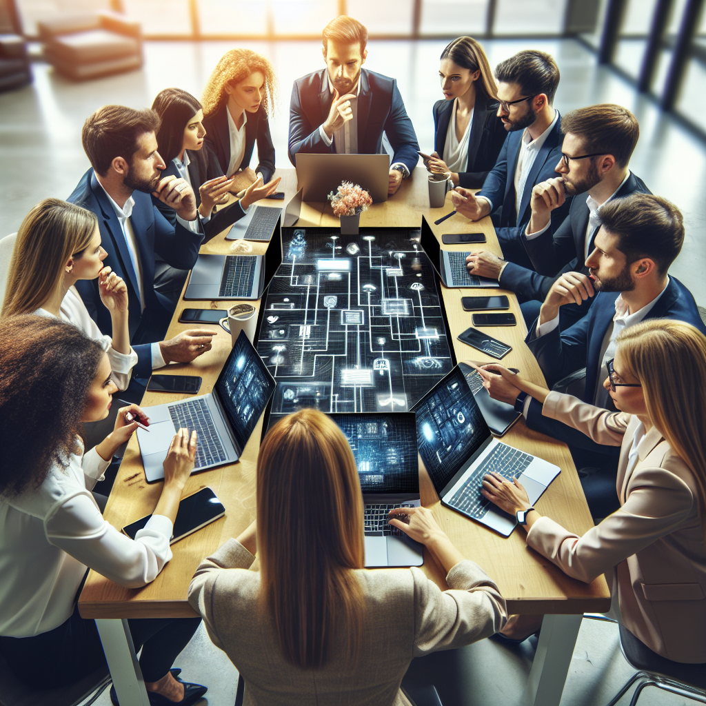 Imagine cu un grup de profesionisti europeni care discuta despre tehnologii inovative in IT, asezati la o masa cu laptopuri si dispozitive digitale.
