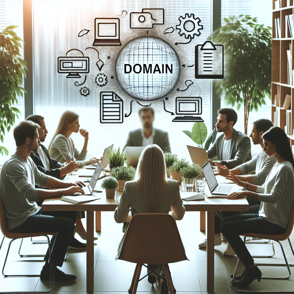 Grupa de oameni europeni discutand despre crearea unui site fara domeniu, intr-un birou modern si confortabil, cu laptopuri si notite pe masa. In fundal se afla plante care adauga un aspect primitor.