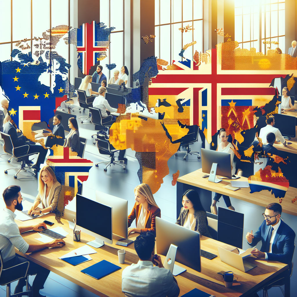 Imaginea unui birou modern al unei companii IT cu design european, in care profesionistii lucreaza la calculatoare, discuta proiecte si interactioneaza intre ei.