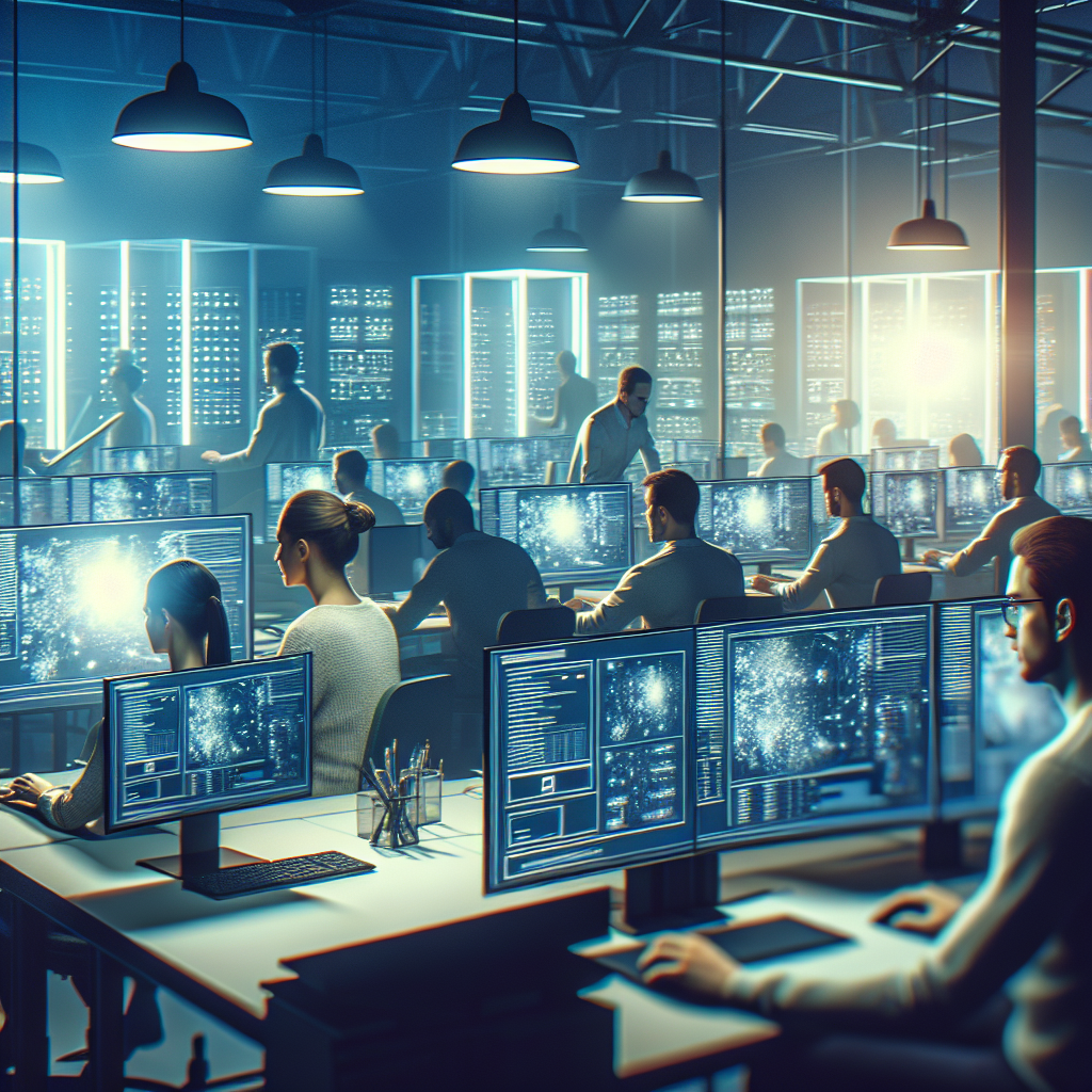 Birou al unei companii IT, cu o echipă care lucrează la proiecte în Figma, europeni la computere, iluminare atmosferică, <a href=
