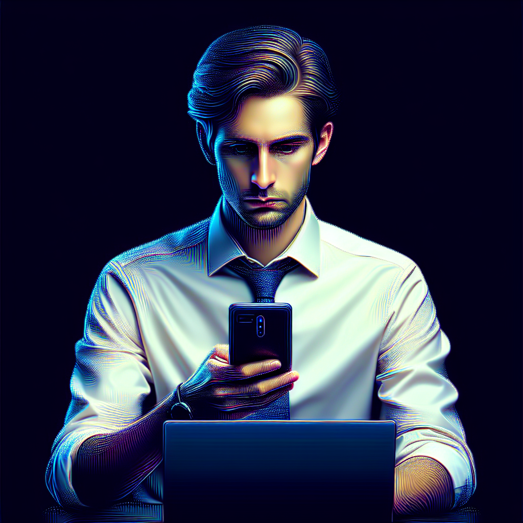 Imagine cu un reprezentant al unei companii IT care creeaza un site pe un telefon mobil, aratand ecranul telefonului. Toti oamenii au un aspect european. Imaginea <a href=