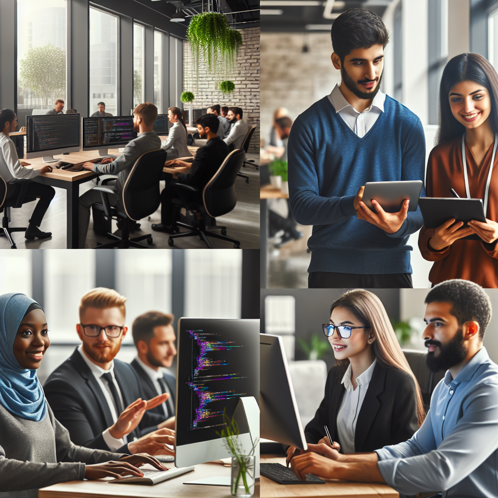Imagine a unui birou modern al unei companii IT, cu specialisti profesionisti la lucru, toata lumea avand un aspect european, atmosfera fiind prietenoasa si productiva.