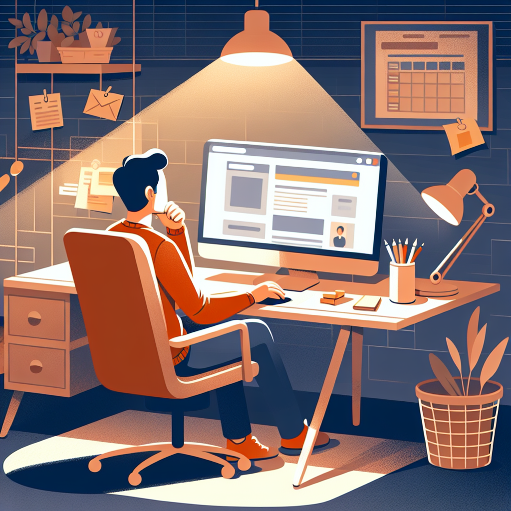 Imagine cu o persoana care sta la un birou, lucrand la computer pentru a-și dezvolta propriul site web, intr-un fundal confortabil cu elemente specifice unui birou. Persoanele apar in stil european.