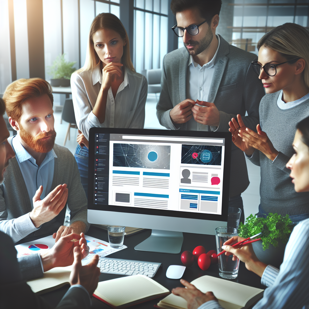 Grup de oameni (de tip european) discutand idei despre crearea unui site intr-un birou modern, pe ecranul computerului este deschis un proiect de site.