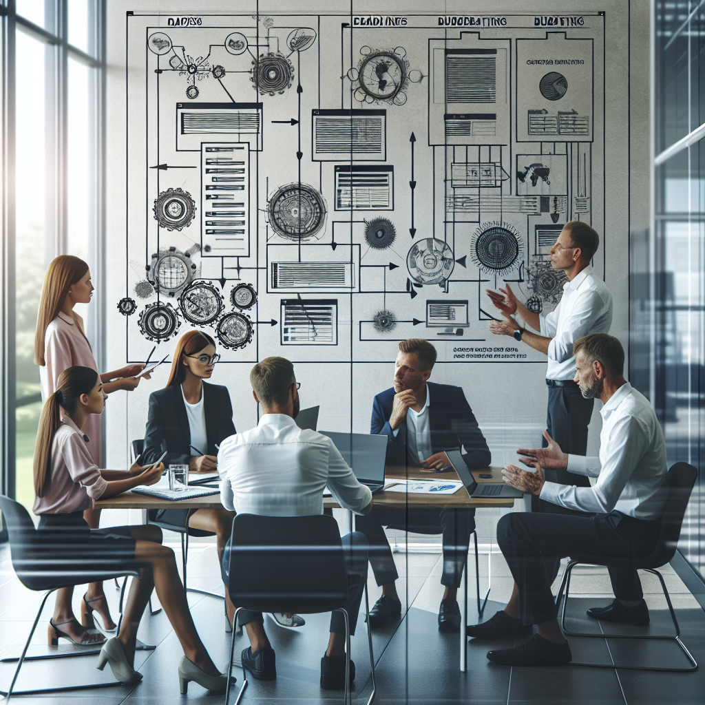 O echipa de profesionisti (de tip european) discutand termenele si bugetul pentru crearea unui site intr-un birou modern, pe perete este un grafic cu diagrama de proiectare.