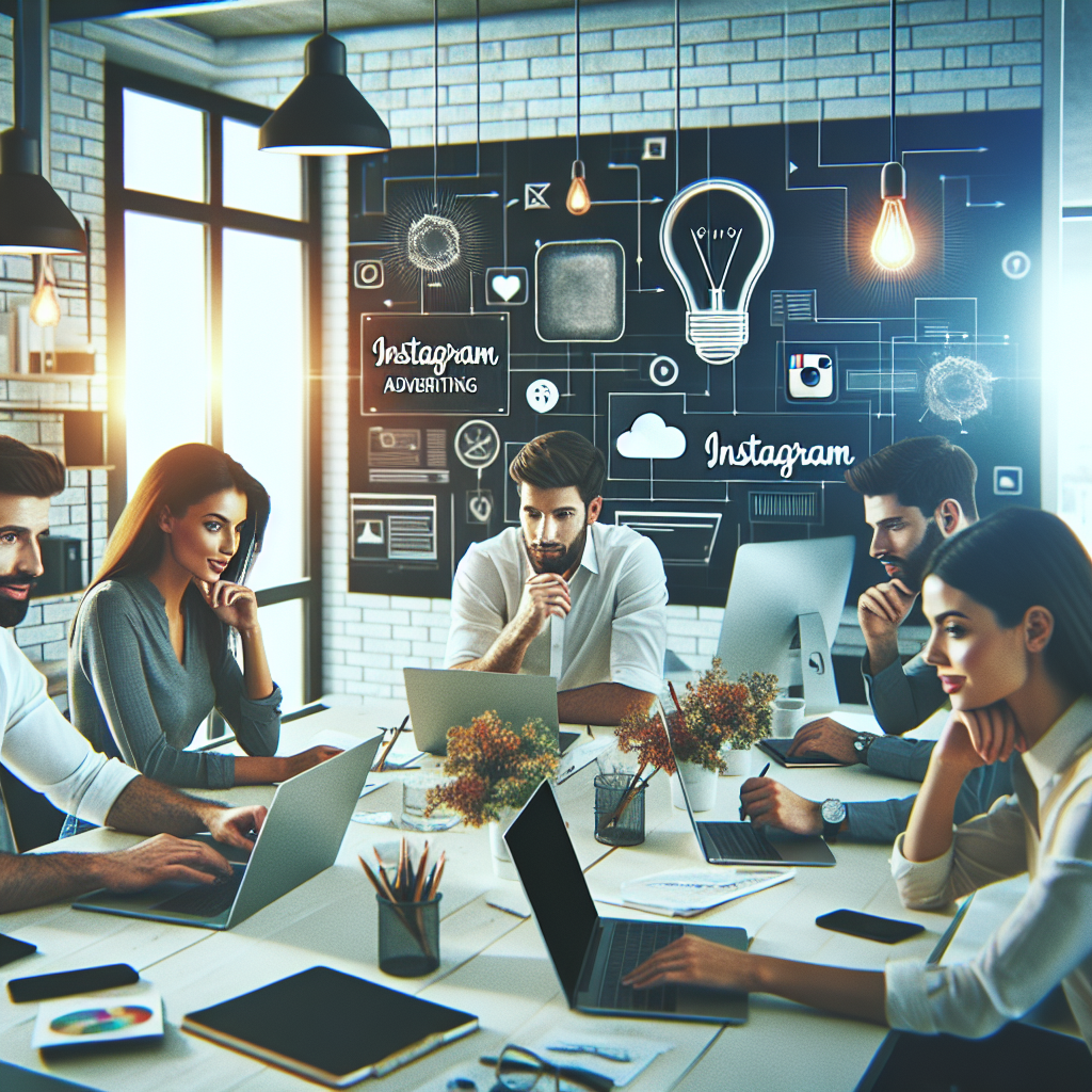 Imagine care prezinta procesul de creare a continutului publicitar de succes pe Instagram, cu persoane de tip european, care folosesc laptopuri si discuta idei intr-un birou modern.